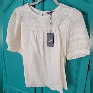 Adrianna Papell Cream Lace Yoke Puff Sleeve Blouse